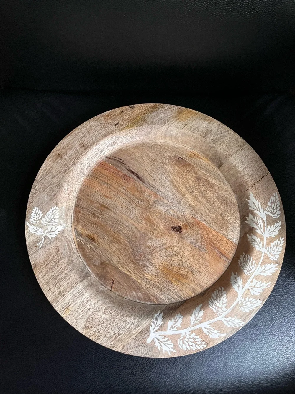 Decorative Round Wood 13” Tray with Leaf Accents